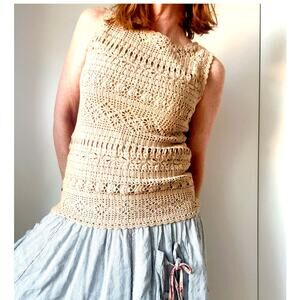 Vintage Boho Crochet Top Size M Neutral Sleeveless Cottage core Y2k Era